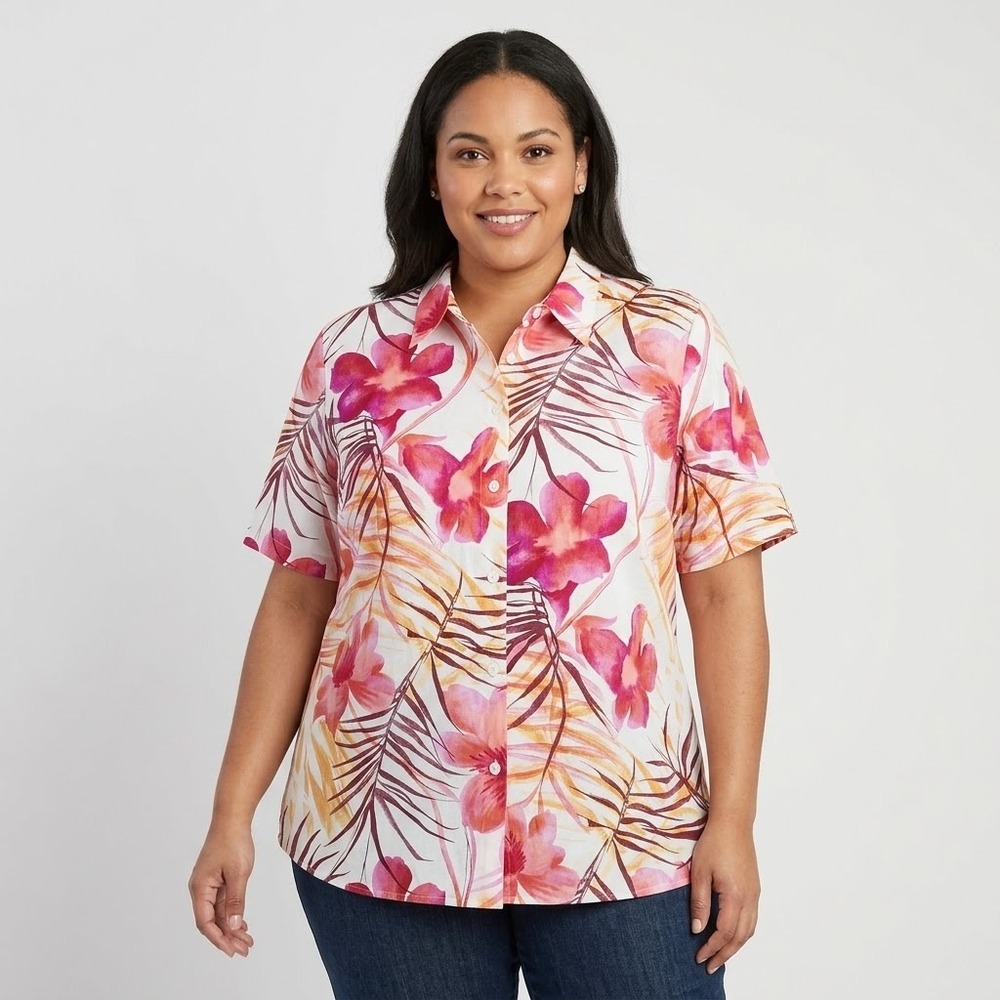 Vintage 90s Floral Button Up Shirt Blouse Womens 22 White Pink Tropical Resort